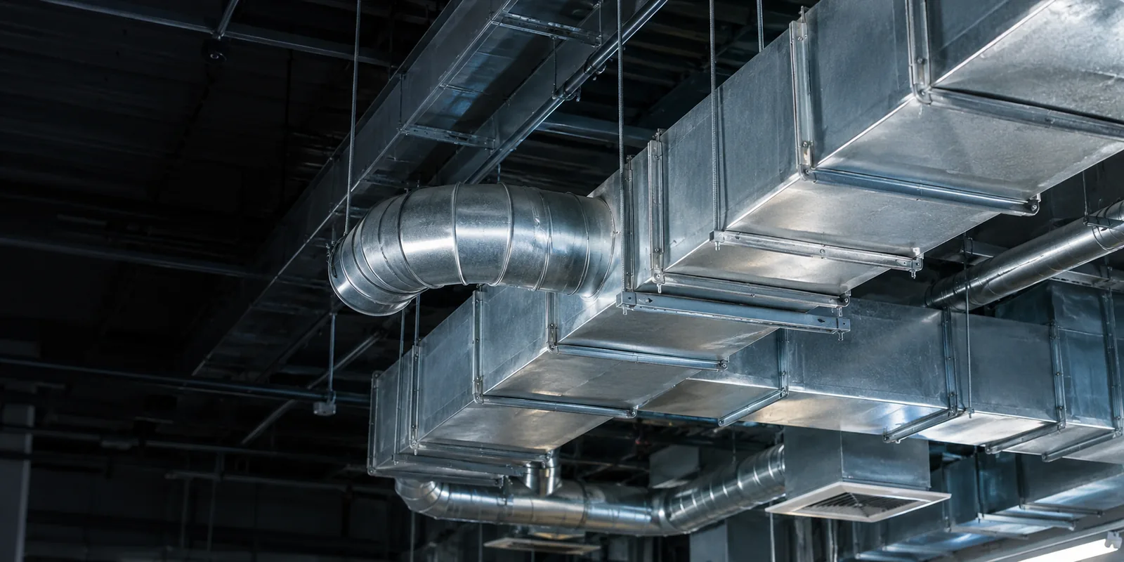 Industrial HVAC ductwork and metal ventilation systems suspended from ceiling