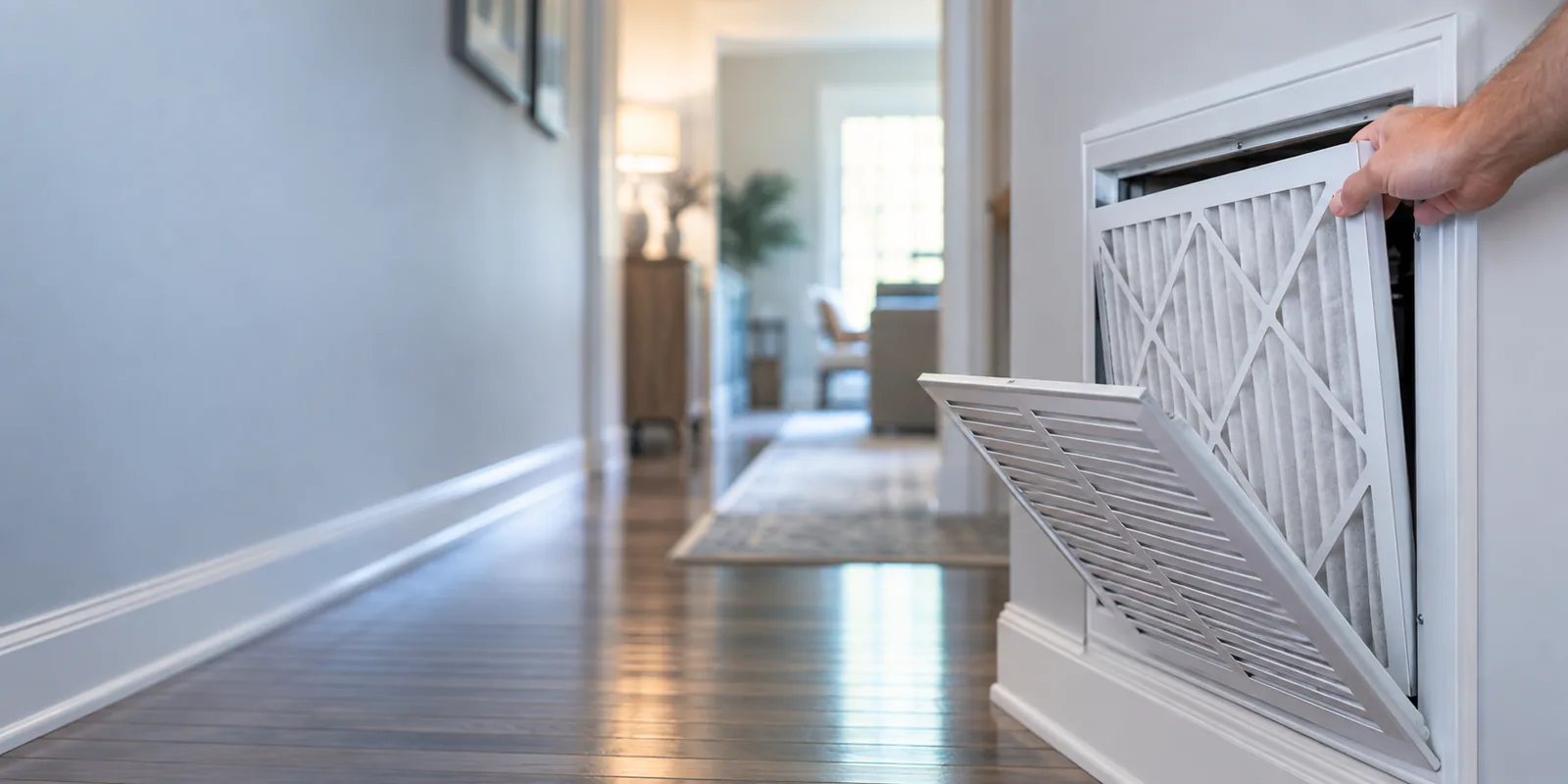 Hand pulling out a furnace air filter from a wall-mounted return air vent in a home hallway