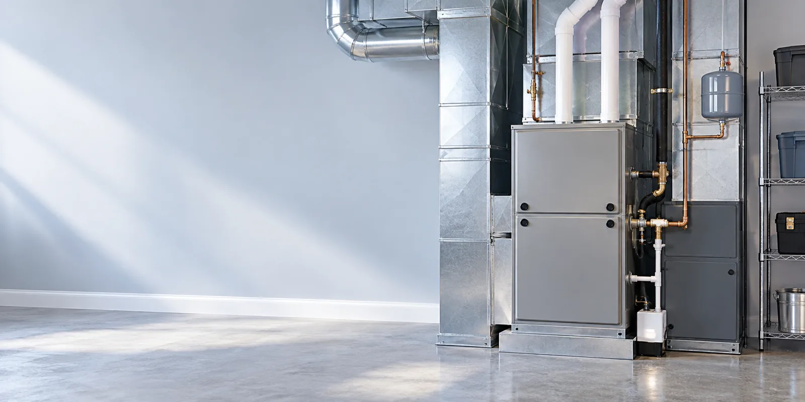 Industrial HVAC furnace system with ductwork and piping in modern facility