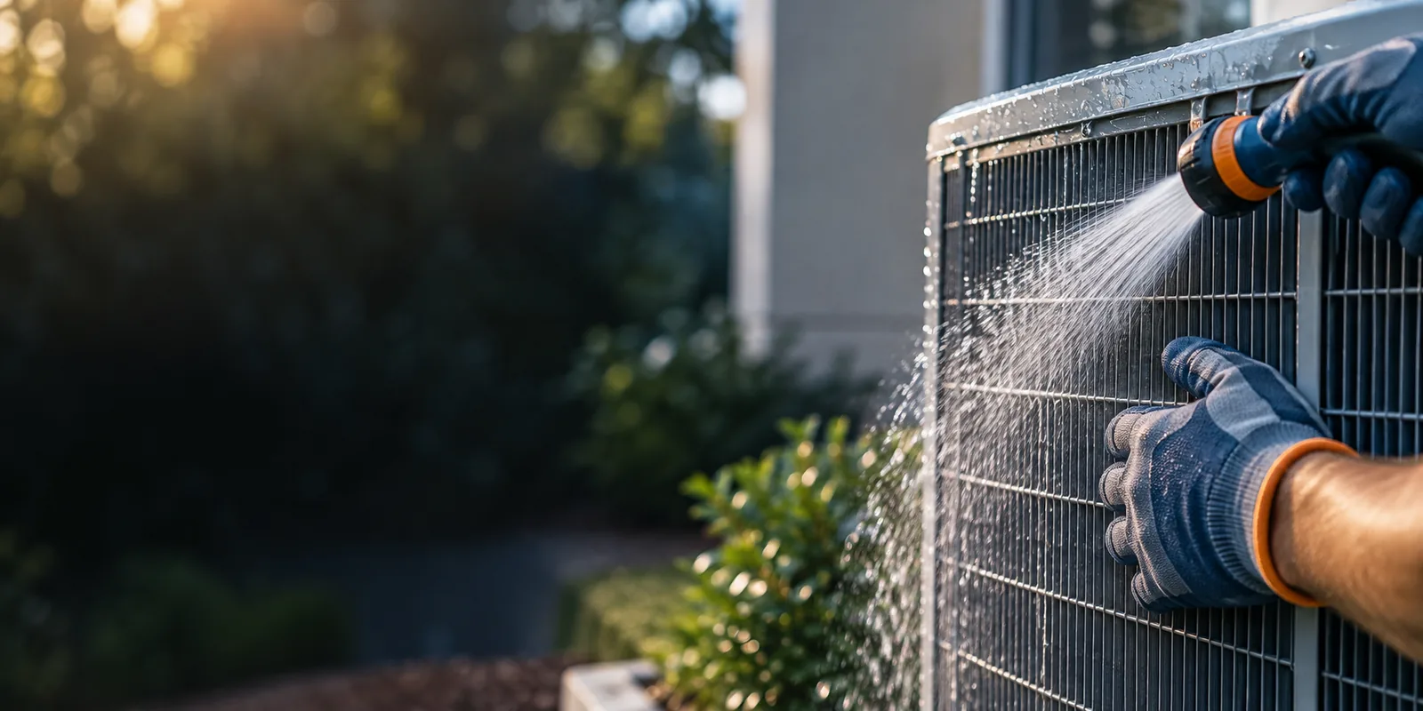 Person spraying water on metal fence with garden hose and nozzle