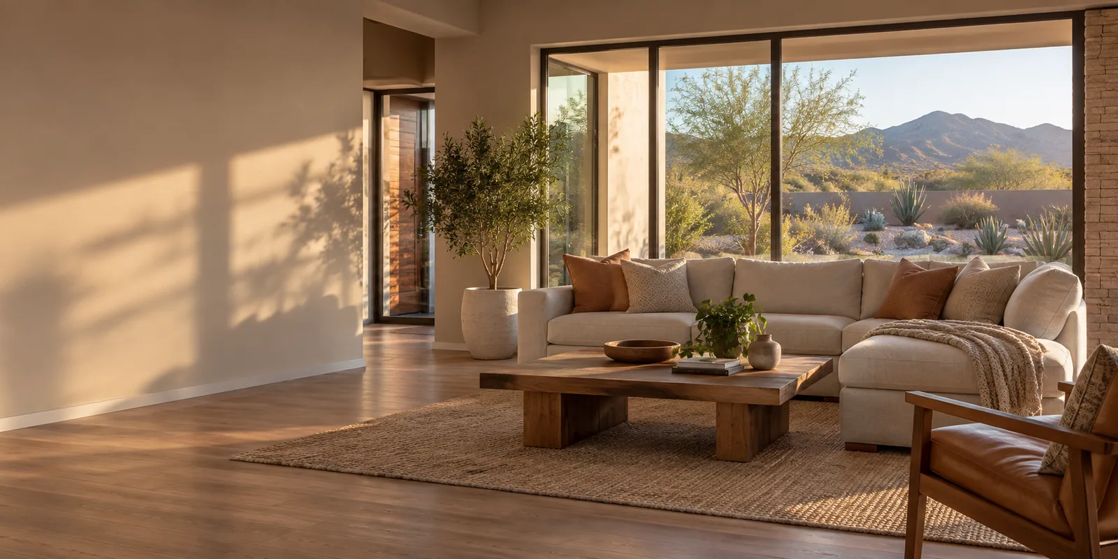 Modern living room with cream sectional sofa, wooden coffee table, and panoramic desert mountain views through floor-to-ceiling windows